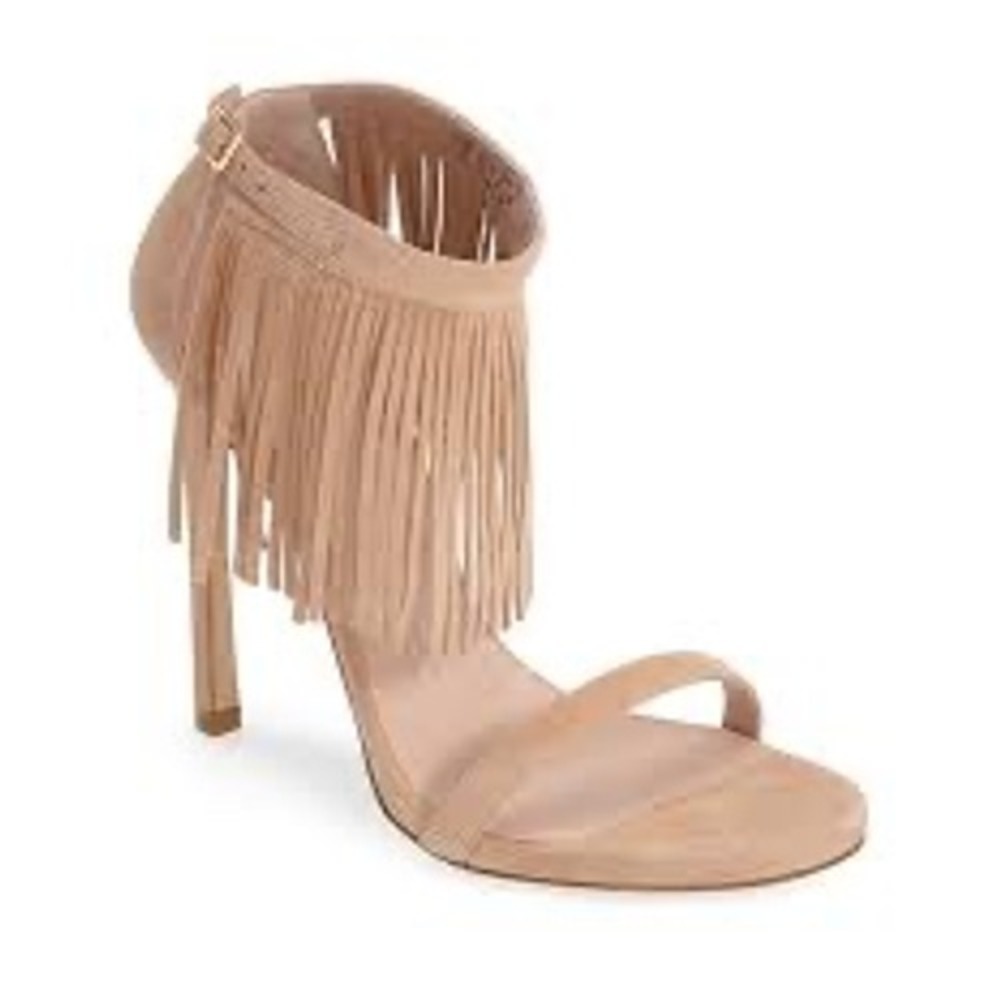 Stuart Weitzman Lovefringe Suede Ankle Strap Fringe Heeled Sandals Beige 9.5 M